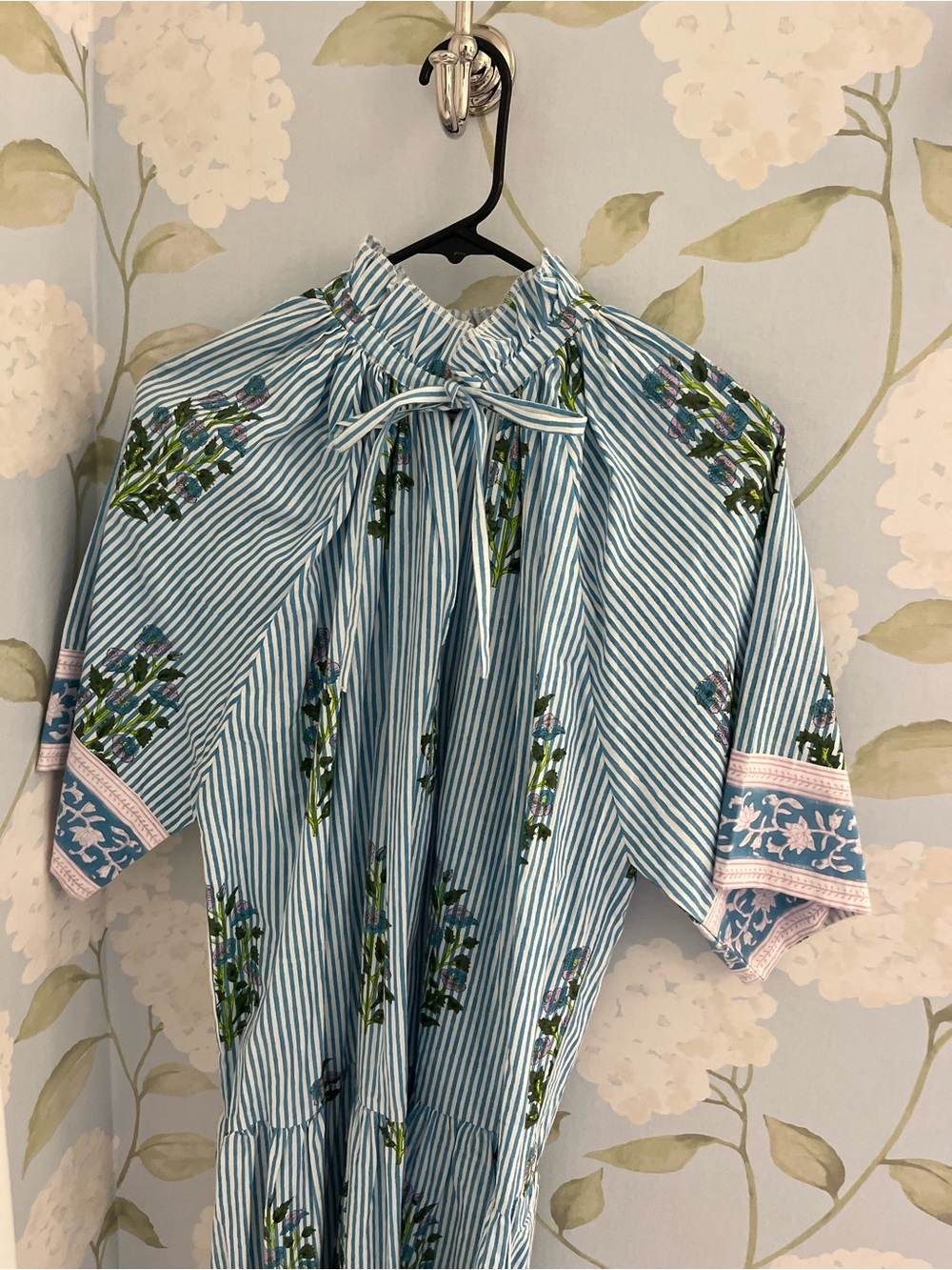 Blue Striped Floral Midi Dress with Tie Neck